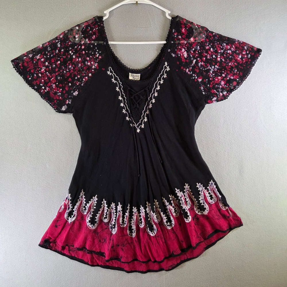 Vtg Advance Apparels Black Red Tie Dye Boho Lace Up Tunic Top Fairy Renfaire OS